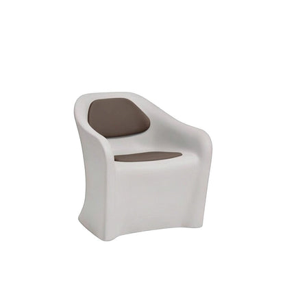 Stat Medical Inc Flo BH lounge chair with white rotomolded frame and brown upholstered seat and back pads
