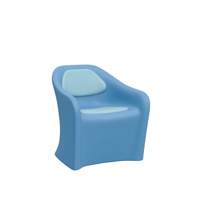 Stat Medical Inc Flo BH lounge chair in blue rotomolded plastic with light blue upholstered seat and back pads.