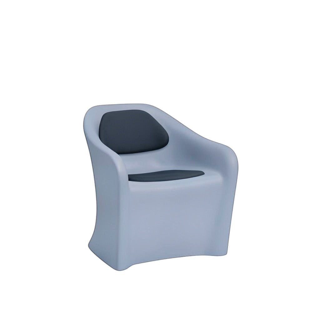 Stat Medical Inc Flo BH lounge chair in light grey rotomolded plastic with dark grey upholstered seat and back pads.
