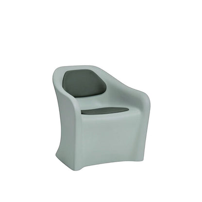 Stat Medical Inc Flo BH lounge chair with light grey rotomolded frame and dark grey upholstered seat and back pads.