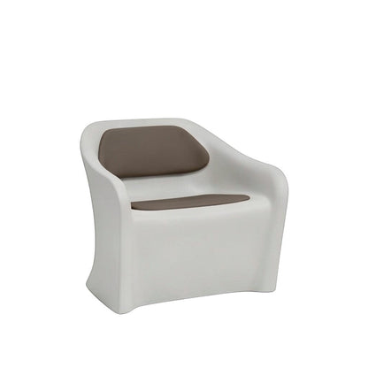 Stat Medical Inc Flo BH lounge chair in white rotomolded plastic with brown upholstered seat and back pads
