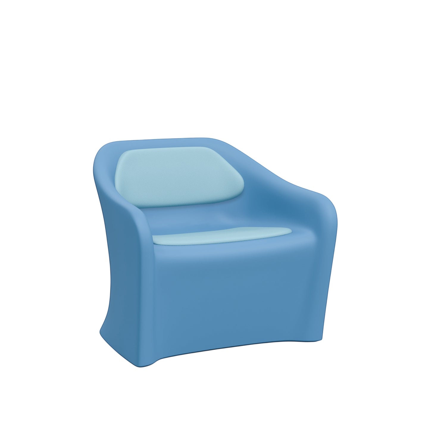 Stat Medical Inc Flo BH lounge chair in blue rotomolded plastic with light blue upholstered seat and back pads.