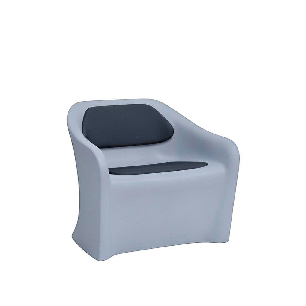 Stat Medical Inc Flo BH lounge chair with light grey rotomolded frame and dark grey upholstered seat and back pads.