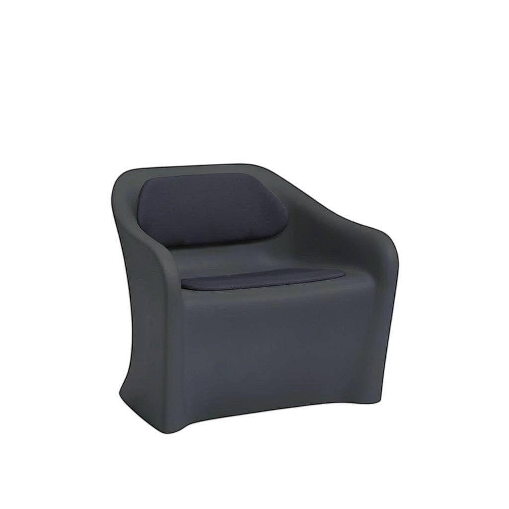 Stat Medical Inc Flo BH lounge chair in dark grey rotomolded plastic with a dark upholstered seat and back pad.
