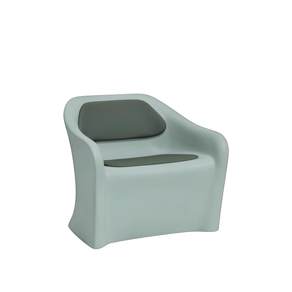 Stat Medical Inc Flo BH lounge chair in light grey rotomolded plastic with dark grey upholstered seat and back pads.