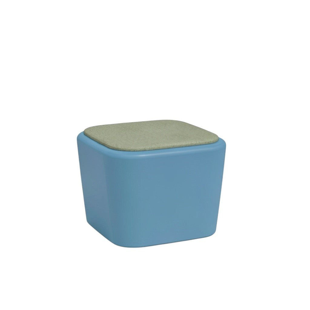 Stat Medical Inc Flo BH blue occasional table with a sage green top, featuring rounded edges for safety.