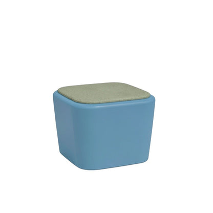 Stat Medical Inc Flo BH blue occasional table with a sage green top, featuring rounded edges for safety.