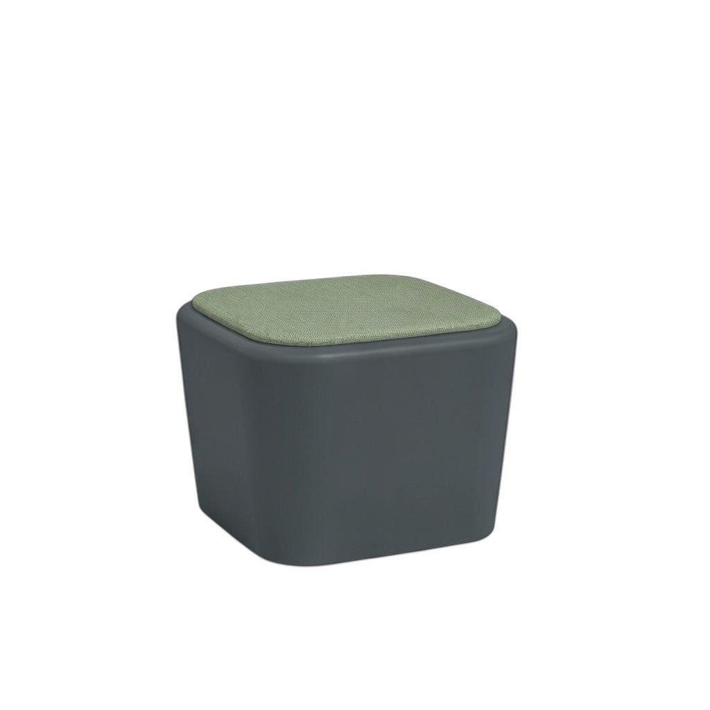 Stat Medical Inc Flo BH square occasional table with a dark grey base and light green upholstered seat cushion.