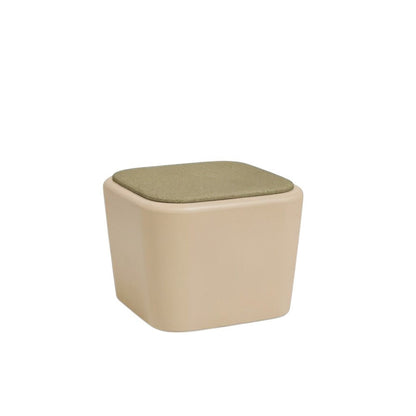 Stat Medical Inc Flo BH occasional table in beige with a green upholstered top and rounded safety corners.