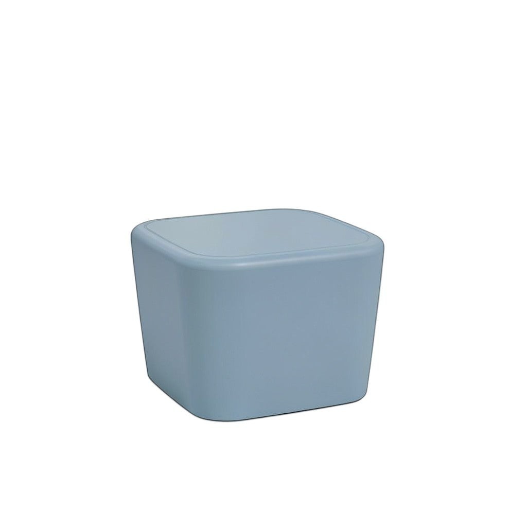 Stat Medical Inc Flo BH occasional table in light blue with rounded safety edges and a spill-collector groove.