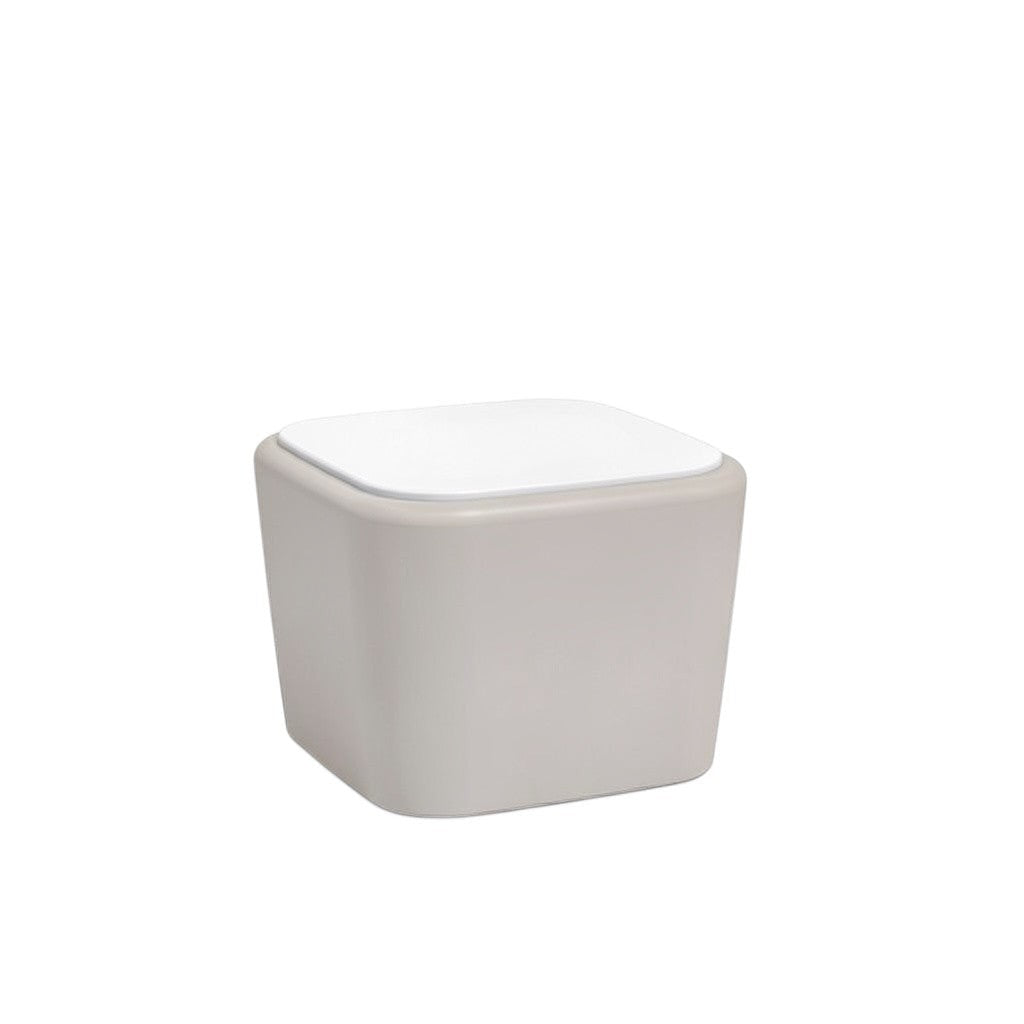 Stat Medical Inc Flo BH occasional table with a white top and light grey base, featuring rounded safety edges.