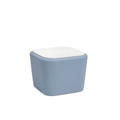 Stat Medical Inc Flo BH occasional table with a blue base and white top, featuring rounded safety edges.