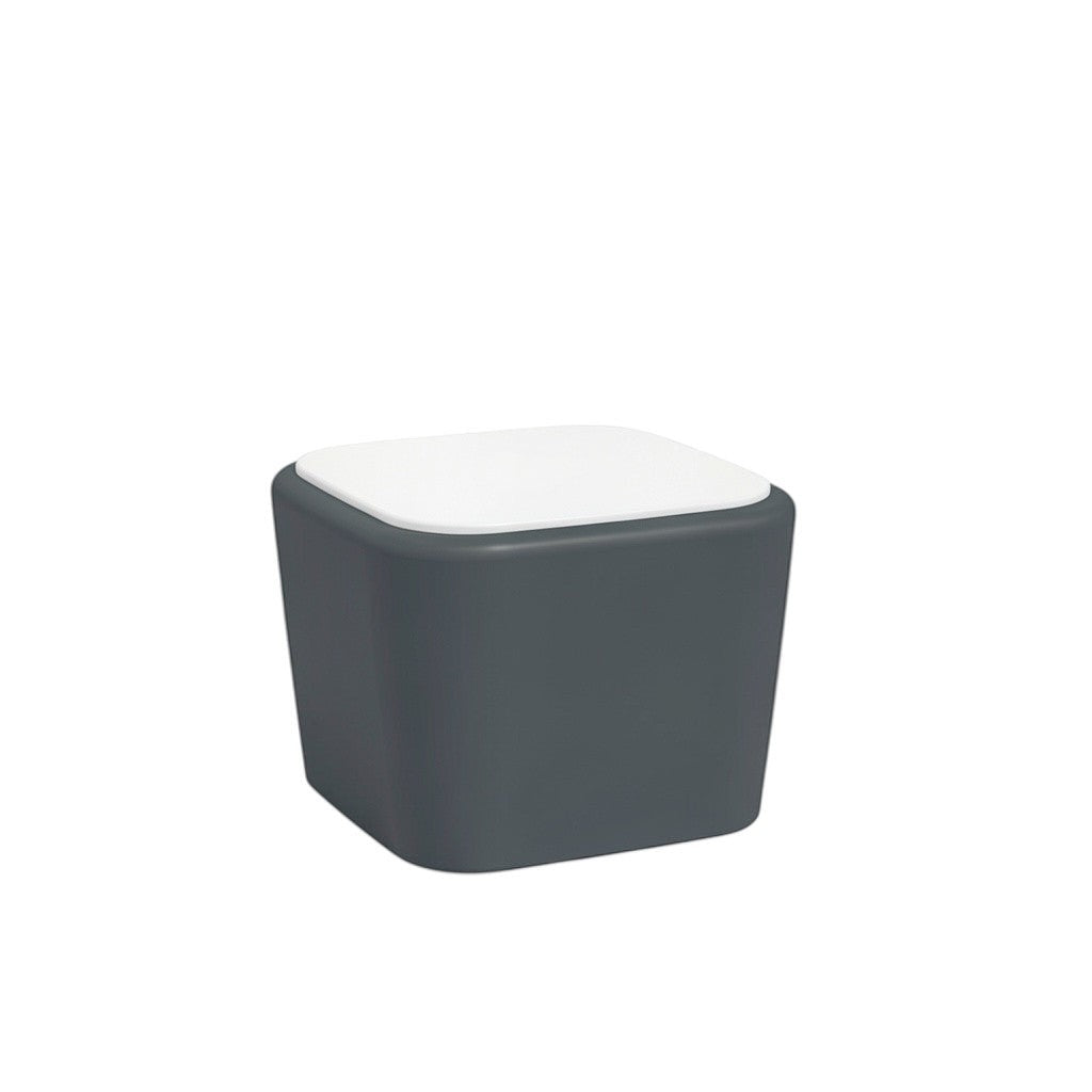 Stat Medical Inc Flo BH occasional table with a dark grey base and white top, featuring rounded safety edges.