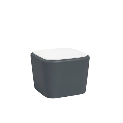 Stat Medical Inc Flo BH occasional table with a dark grey base and white top, featuring rounded safety edges.