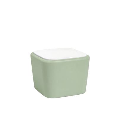 Stat Medical Inc Flo BH occasional table with a sage green base and white top, featuring rounded safety edges.