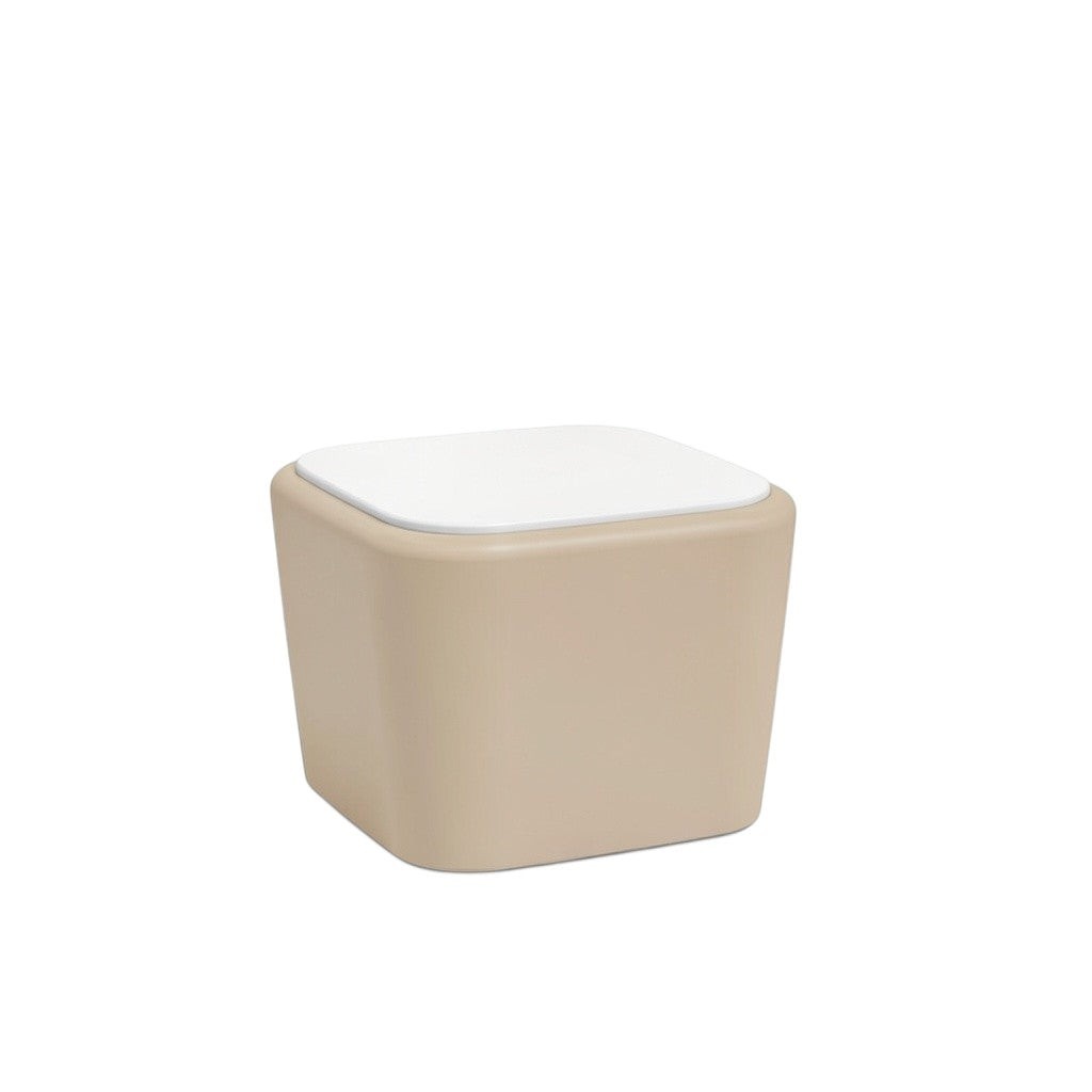 Stat Medical Inc Flo BH occasional table with a beige base and white top, featuring rounded edges for safety.
