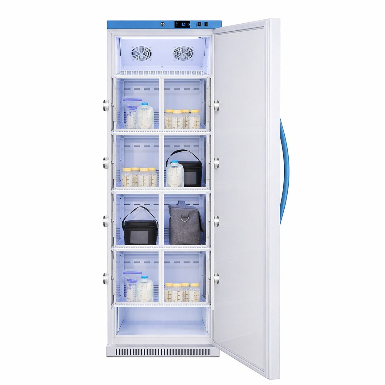 An open full-height variant of the Station One Breast Milk Fridge showing stored milk containers in individual lockers