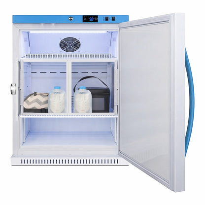 An open under-counter variant of the Station One Breast Milk Fridge showing stored milk containers in individual lockers