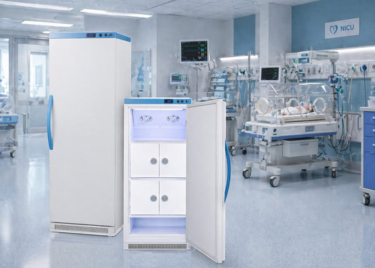 Stat Medical Inc Station One breast milk refrigerators with locking compartments in a hospital NICU setting.