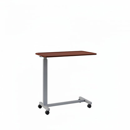Stat Medical Inc Eclipse overbed table with a dark wood grain thermoformed top and grey powder-coated H-base.