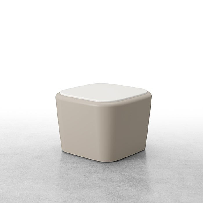 Stat Medical Inc Flo BH occasional table with a beige base and white top, featuring rounded safety edges.
