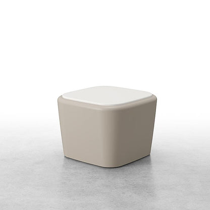 Stat Medical Inc Flo BH occasional table with a beige base and white top, featuring rounded safety edges.