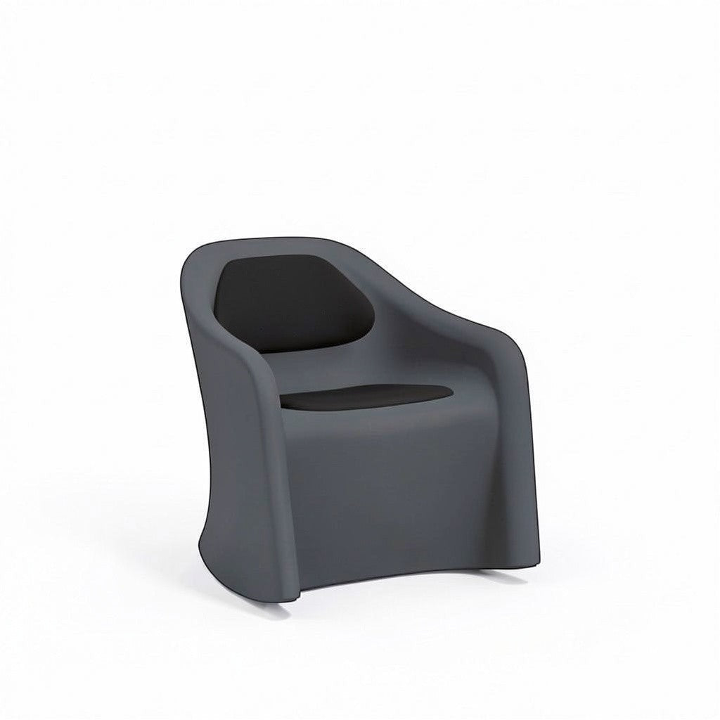 Stat Medical Inc Flo BH Rocker chair in grey rotomolded plastic with black upholstered seat and back pads.