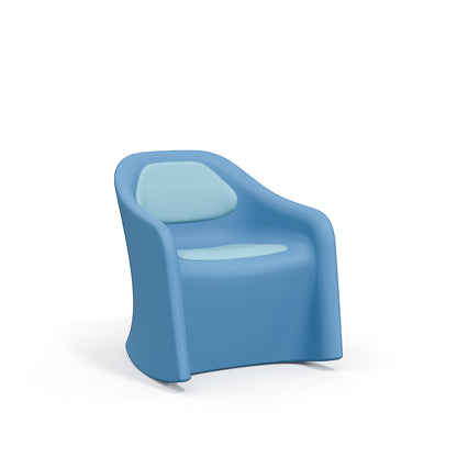 Stat Medical Inc Flo BH blue rotomolded rocker chair with light blue upholstered seat and back pads