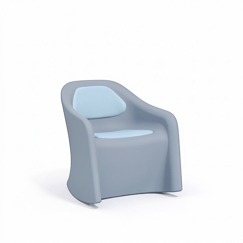 Stat Medical Inc Flo BH rocker chair in grey rotomolded plastic with light blue upholstered seat and back pads.