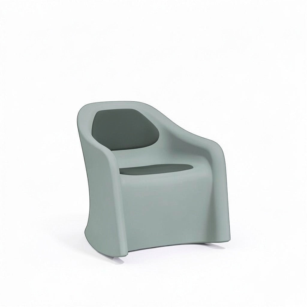 Stat Medical Inc Flo BH Rocker chair in light grey rotomolded plastic with dark grey upholstered seat and back pads.