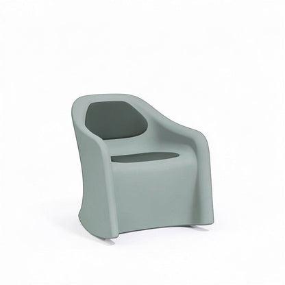 Stat Medical Inc Flo BH Rocker chair in light grey rotomolded plastic with dark grey upholstered seat and back pads.