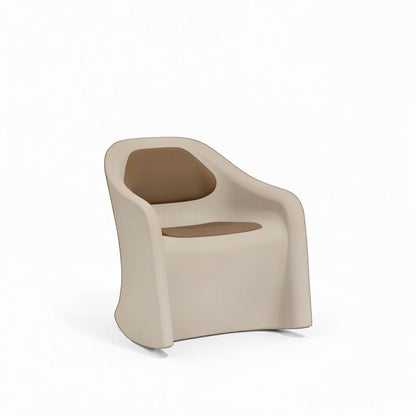 Stat Medical Inc Flo BH Rocker chair in beige rotomolded plastic with brown upholstered seat and back pads.