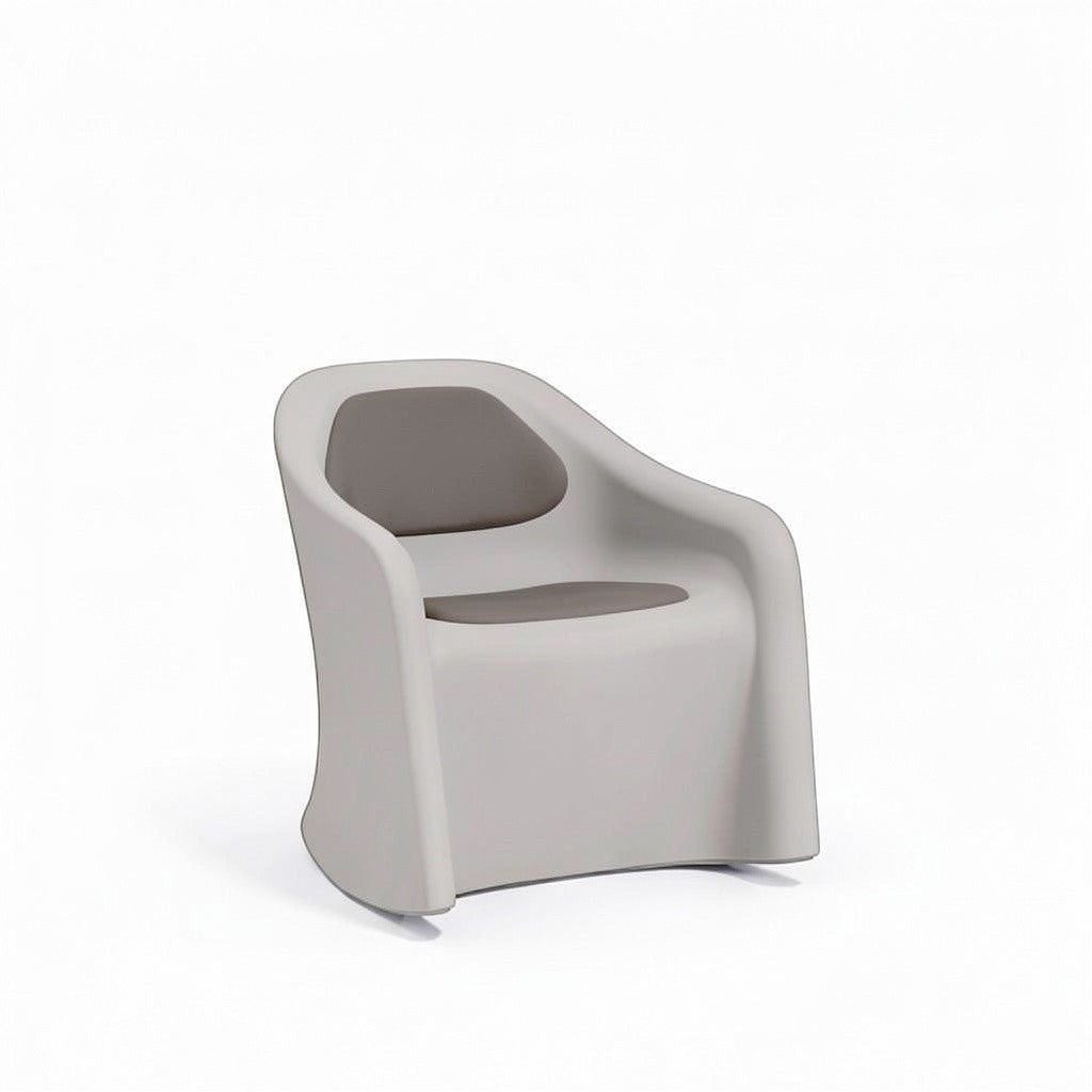 Stat Medical Inc Flo BH rocker chair in light grey rotomolded plastic with a contoured seat and back cushion.
